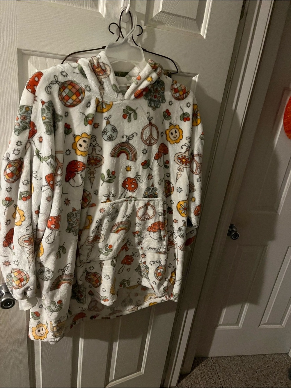 Cozy Hooded Pullover - White with Orange & Yellow Print